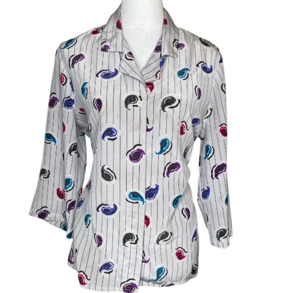 Women's Vintage Grey Collared Button Down Blouse Top Artsy Striped Size XL - Picture 1 of 8